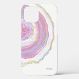 Pink Purple and Gold Marble Geode with Monogram iPhone 12 Pro Case