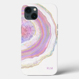 Pink Purple and Gold Marble Geode with Monogram iPhone 13 Case
