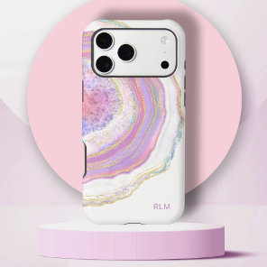 Pink Purple and Gold Marble Geode with Monogram iPhone 17 Pro Max Case