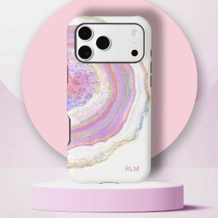 Pink Purple and Gold Marble Geode with Monogram iPhone 17 Pro Max Case
