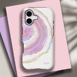Pink Purple and Gold Marble Geode with Monogram iPhone 17 Case<br><div class="desc">Protect your new phone with a modern trendy case featuring a beautiful marble geode pattern. The feminine color scheme includes shades of pink, purple and lavender, gold and a hint of turquoise and blue in this unique design. A text template is included for personalizing this case with your monogram initials...</div>