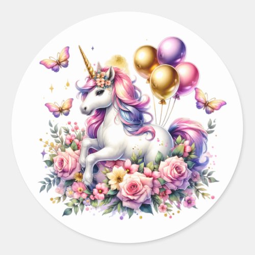 Pink Purple and Gold Unicorn Birthday   Classic Round Sticker