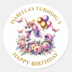 Pink Purple and Gold Unicorn Birthday Personalized Classic Round Sticker