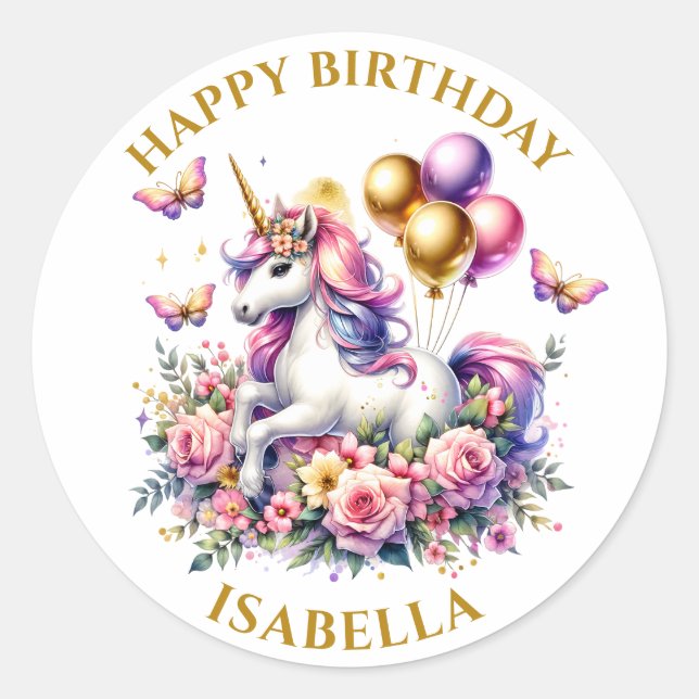 Pink Purple and Gold Unicorn Birthday Personalized Classic Round Sticker (Front)
