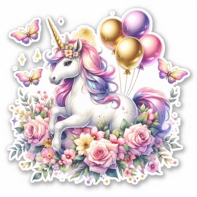 Pink Purple and Gold Unicorn Birthday   Sticker (Front)