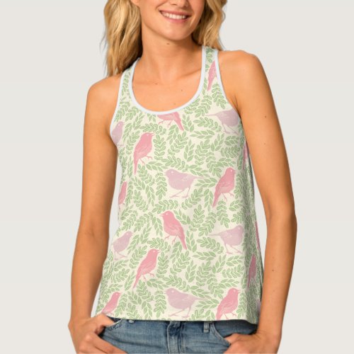 Pink Purple and Green Cute Bird and Leaf Pattern Tank Top