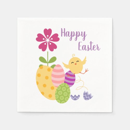 Pink Purple and Green Easter Eggs with Baby Chick Napkins