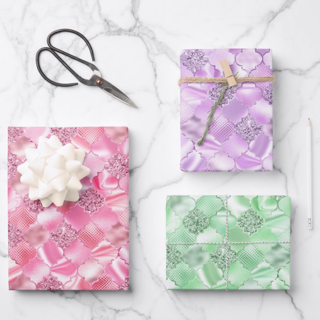 Pink, Purple and Green Moroccan Quatrefoil Wrapping Paper Sheets (Front)