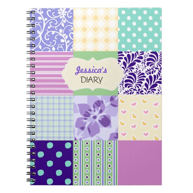 Pink, Purple and Green Personalized Girly Diary Notebook (Front)