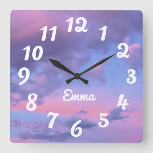 Pink Purple and Periwinkle Blue Sunset Square Wall Clock