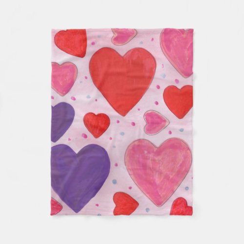 Pink Purple and Red Valentines Day Hearts Pattern Fleece Blanket