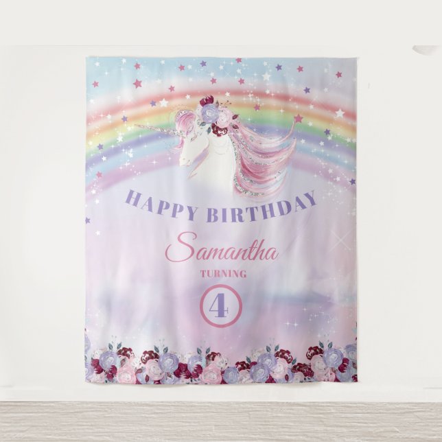 Pink Purple and Silver Unicorn Birthday Backdrop (Front)