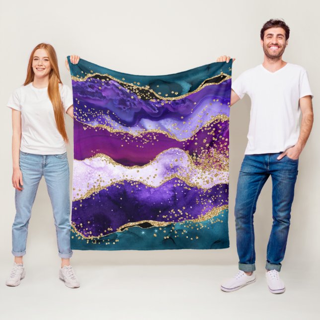 Pink, Purple and Teal Glitter Peacock Agate Fleece Blanket (In Situ)