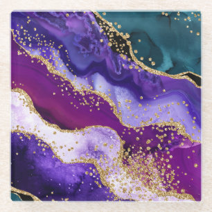 Pink, Purple and Teal Glitter Peacock Agate Glass Coaster