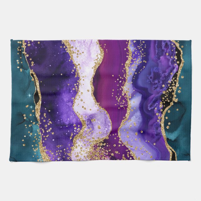 Pink, Purple and Teal Glitter Peacock Agate Kitchen Towel (Horizontal)