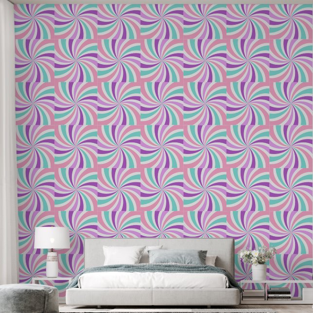 Pink, Purple and Teal Retro Swirls Pattern Wallpaper (Bedroom)