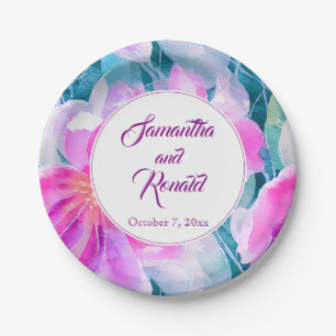 Pink Purple and Teal Watercolor Floral Wedding Paper Plates