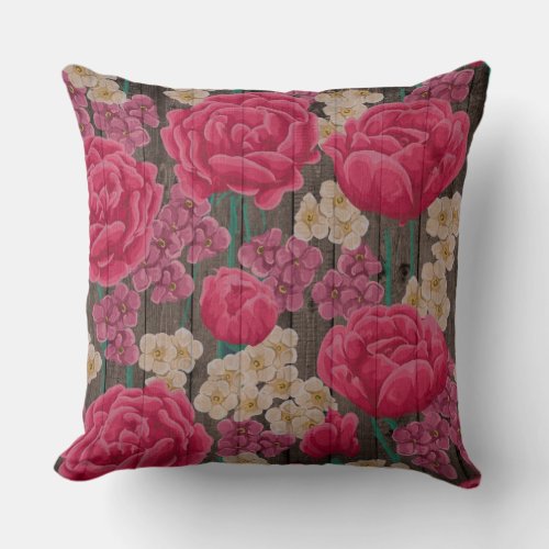 Pink Purple and White Flowers on Rustic Brown Wood Throw Pillow