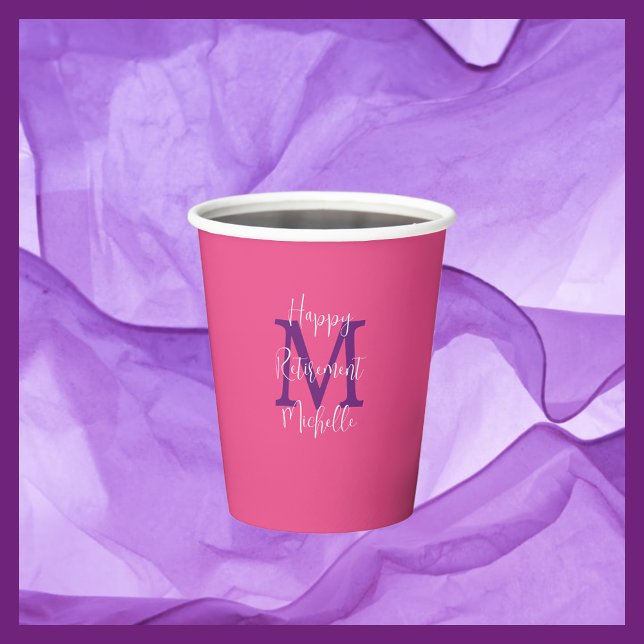 Pink Purple and White Monogrammed Retirement Party Paper Cups (Creator Uploaded)