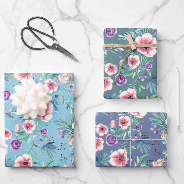 Pink Purple Anemones Spring Outdoor Bridal Shower Wrapping Paper Sheets (Front)