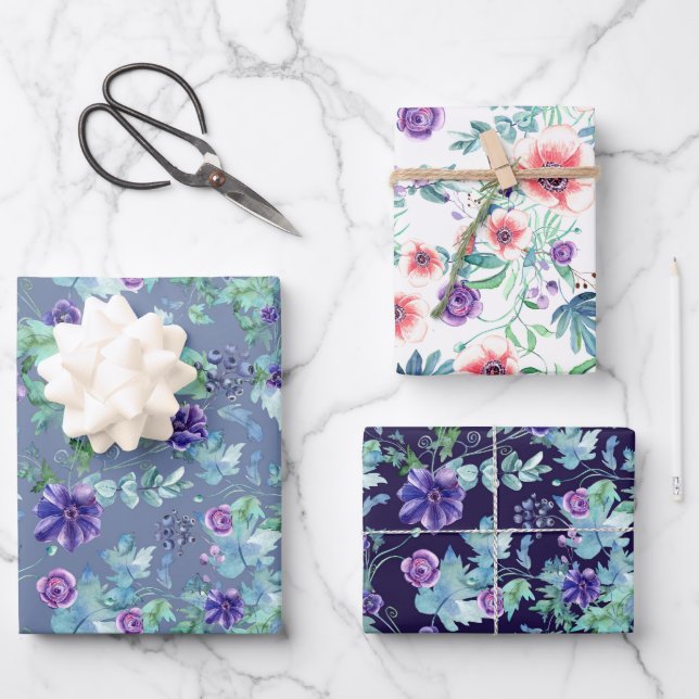 Pink Purple Anemones Spring Outdoor Bridal Shower  Wrapping Paper Sheets (Front)