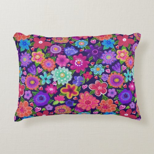 Pink Purple Aqua Boho Style Flowers  Accent Pillow