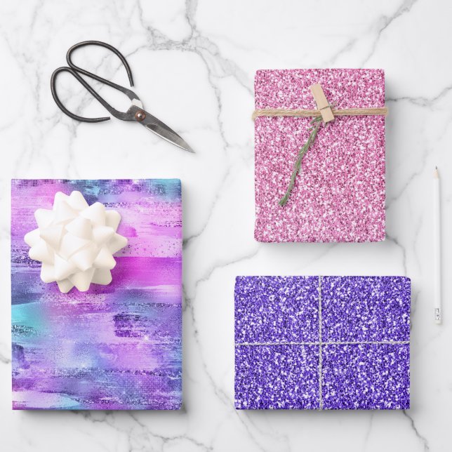 Pink Purple Aqua Sparkle Glitters Wrapping Paper Sheets (Front)