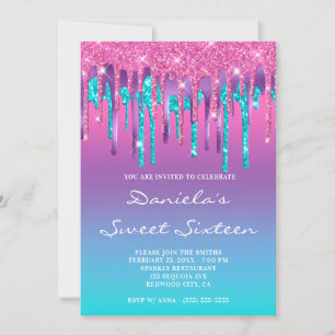 Pink Purple Aqua Teal Gradient Drip Sweet Sixteen Invitation