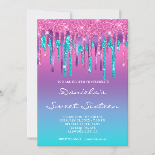 Pink Purple Aqua Teal Gradient Drip Sweet Sixteen Invitation