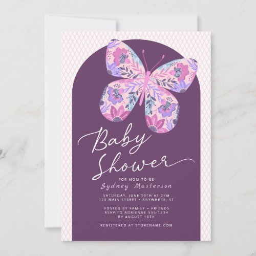 Pink Purple Arch Butterfly Baby Shower Invitation