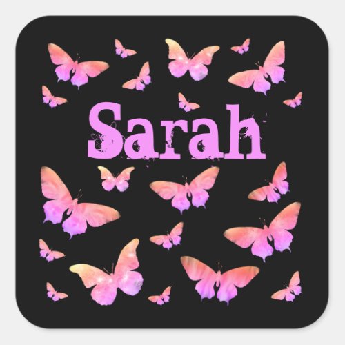 Pink  Purple Artsy Butterfly Art Sarah Girls Name Square Sticker