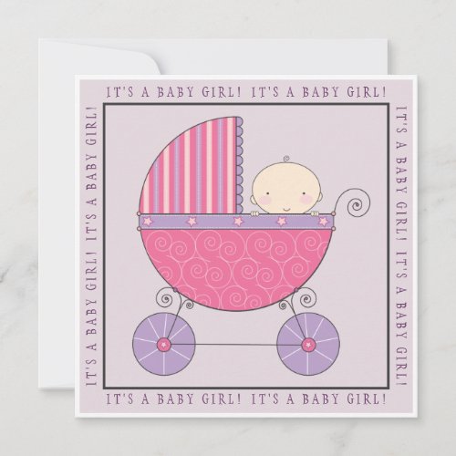 Pink &amp; Purple Baby in Carriage Girl Baby Shower Custom Announcements