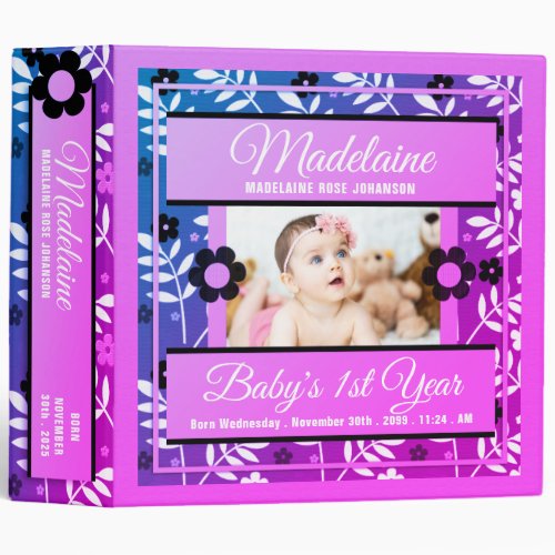 Pink Purple Babys 1st Year Photo Scrapbook 3 Ring Binder
