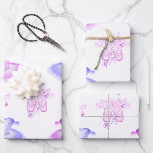 Pink & Purple Ballet Birthday Tutu & Pointe Shoes Wrapping Paper Sheets (Front)