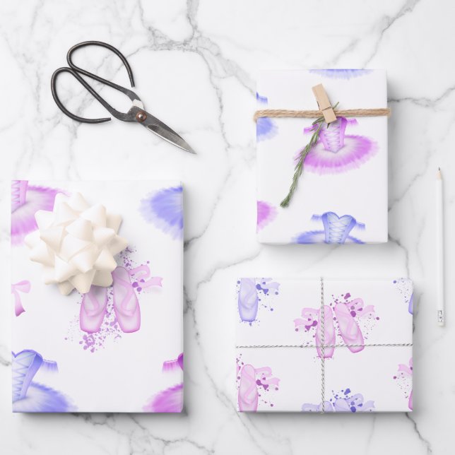 Pink & Purple Ballet Birthday Tutu & Pointe Shoes Wrapping Paper Sheets (Front)