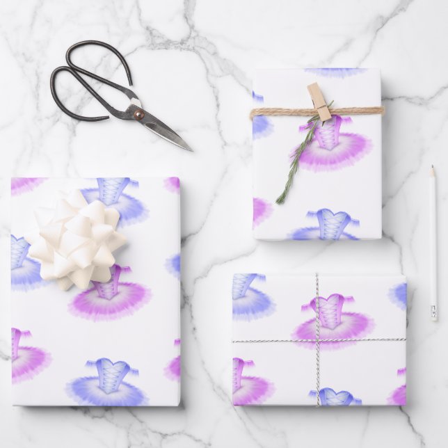 Pink & Purple Ballet Birthday Tutu Watercolour Wrapping Paper Sheets (Front)
