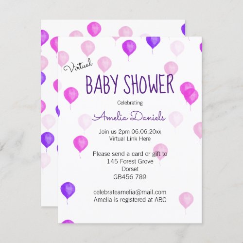 Pink Purple Balloon Virtual Baby Shower Invitation