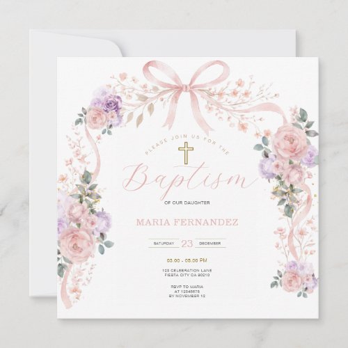 Pink Purple baptism girl christening  Invitation