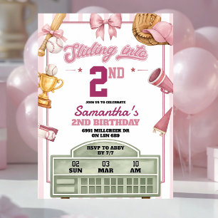 Pink Purple Baseball Slide Into Any Age Birthday Invitation