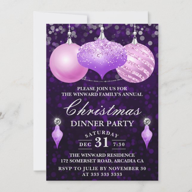 Pink & Purple Baubles Christmas Dinner Party Invitation (Front)