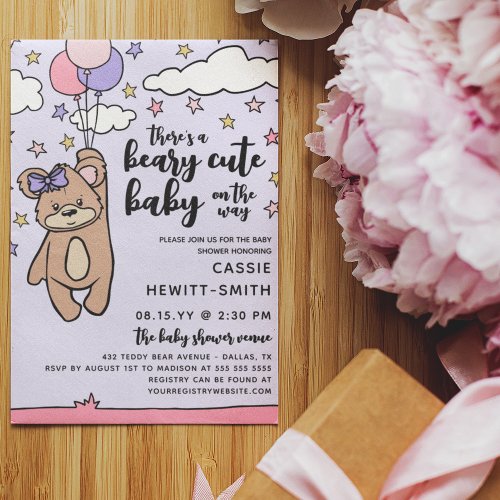 Pink Purple Beary Cute Girl Baby Shower Invitation