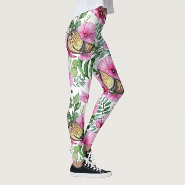 Pink Purple Bird Floral Leggings | Nature Style (Right)