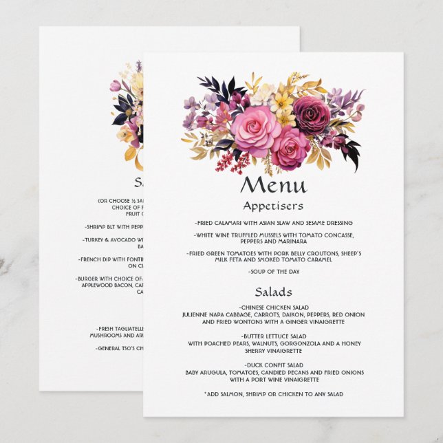 Pink, Purple, Black, and Gold Floral Guest Details Menu (Front/Back)