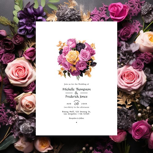 Pink Purple Black and Gold Floral Wedding Invitation