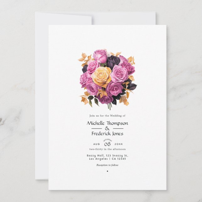 Pink, Purple, Black, and Gold Floral Wedding Invitation (Front)