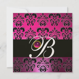 PINK PURPLE BLACK DAMASK MONOGRAM Amethyst Fuchsia Invitation