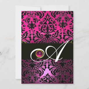 PINK PURPLE BLACK DAMASK MONOGRAM Amethyst Fuchsia Invitation