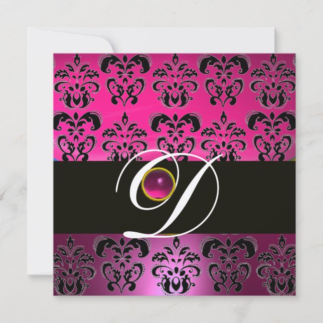 PINK PURPLE BLACK DAMASK MONOGRAM Amethyst Fuchsia Invitation (Front)