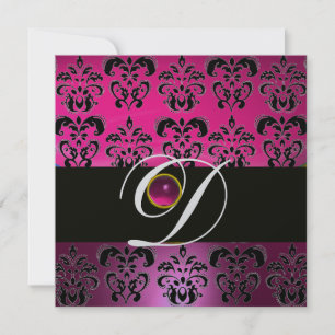PINK PURPLE BLACK DAMASK MONOGRAM Amethyst Fuchsia Invitation