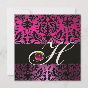 PINK PURPLE BLACK DAMASK MONOGRAM Amethyst Fuchsia Invitation